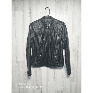 Jou Jou Large Black Long Sleeve Faux Leather Jacket Zip Up Moto Jacket Womens
